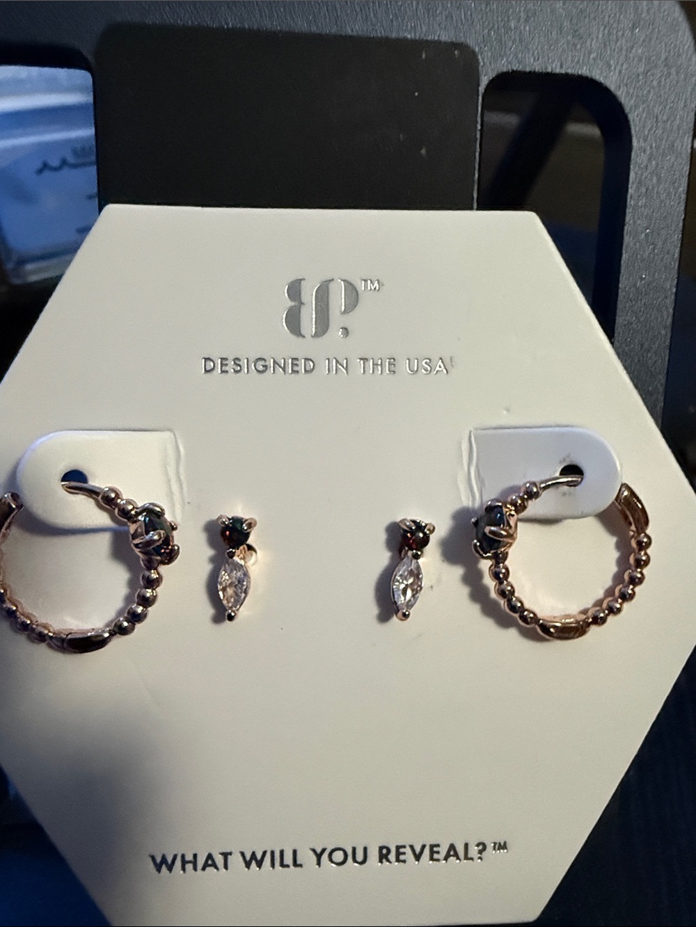 BP Rose Gold plated Hoops with Marquise Drop Studs both with black fire opals